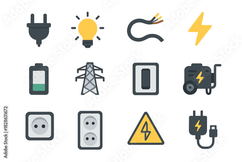 Set charger voltage icon socket power vector electricity battery bulb plug wire