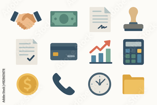 Calculator vector folder icon set credit clock phone document business money handshake