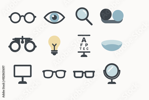 Vision light mirror frame magnifier glasses lens case vector stand icon set