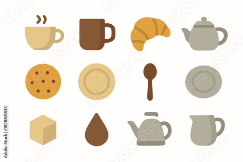 Kettle icons croissant cube vector teapot icon cafe grid coffee jug saucer