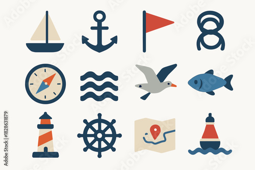 Sailing map seagull vector icon fish compass wave collection wheel rope sailboat