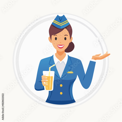 Smiling flight attendant in blue uniform holds a glass of juice, gesturing with her other hand.