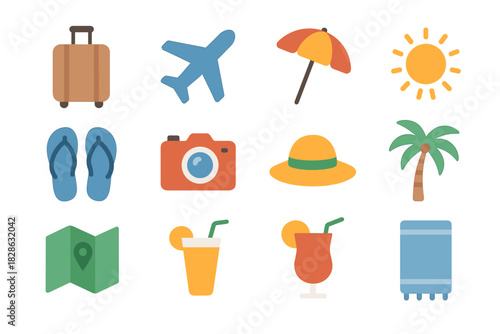 Suitcase hat vacation tree map set drink sun vector icon airplane towel