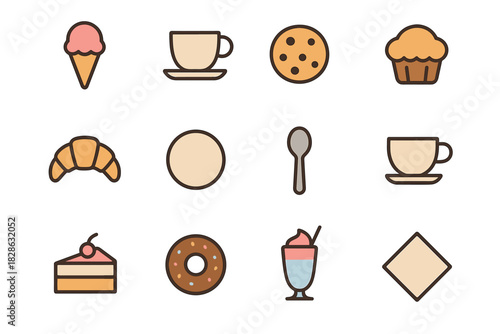 Icon croissant cream spoon cake coffee muffin vector napkin cafe dessert icons