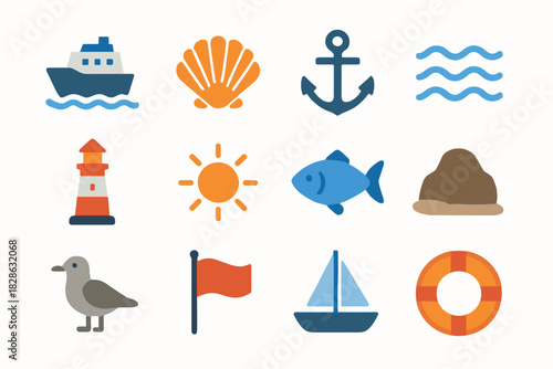 Coastal shell vector rock set sun boat lighthouse bird icon lifebuoy ferry