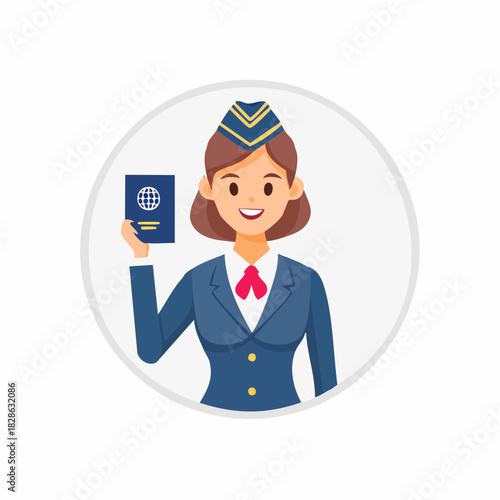 Cartoon illustration of a smiling flight attendant holding a passport in a circular frame.