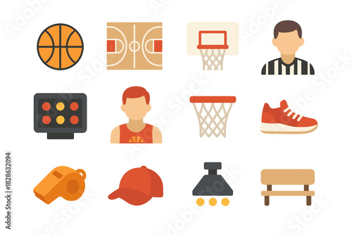 Basketball set vector net bench referee cap icon scoreboard hoop light