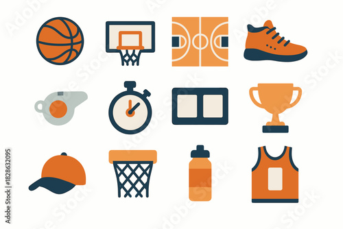Set court basketball timer icon trophy jersey net vector bottle whistle