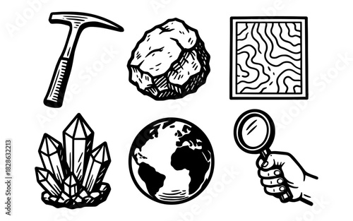 Outline geology symbols: rock, earth, map, crystals, and tools for science designs