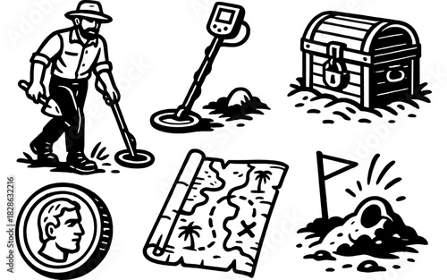 Treasure hunting icons: metal detector, map, chest, coin, dig site