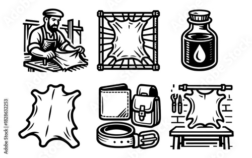 Artisan leather crafting: tools, process, and finished goods in bold black and white design