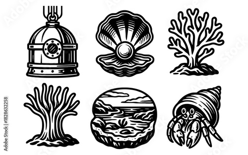 Vintage nautical icons: diving helmet, seashell, coral and hermit crab designs