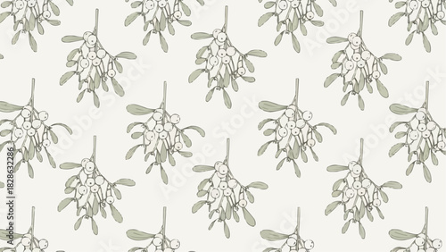 Seamless pattern of mistletoe branches with white berries on a light background in sketch style design element