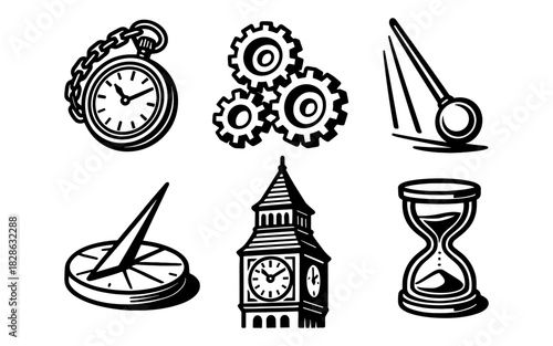 Vintage timekeeping icons: clock tower, gears, compass, hourglass, sundial, pendulum