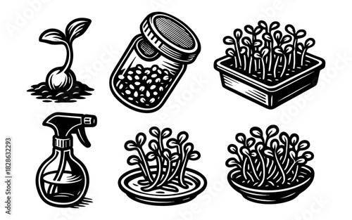 Black and white gardening icons: seedlings, sprouts, and tools
