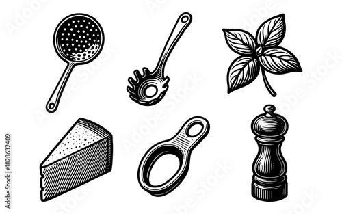 Vintage kitchen elements: culinary tools and ingredients in engraving style