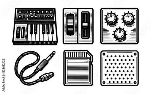 Retro music equipment icons with synthesizer and mixer in vintage style