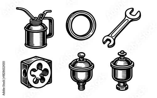 Vintage industrial tools set: oil can, wrench, filter in black and white engraving style
