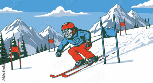 Cartoon skier racing downhill on a snowy slalom course adventure winter sport