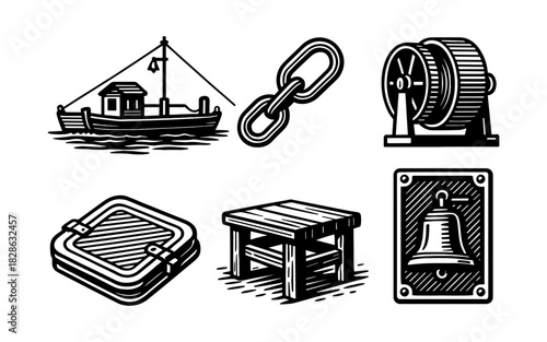 Nautical elements in vintage style: boat, anchor chain, winch, lifebuoy, table, bell