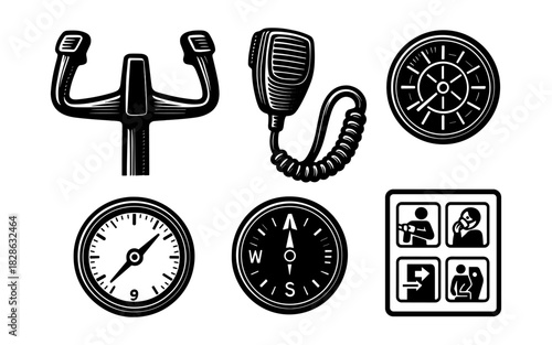 Retro styled communications and navigation icon set with bold black and white design