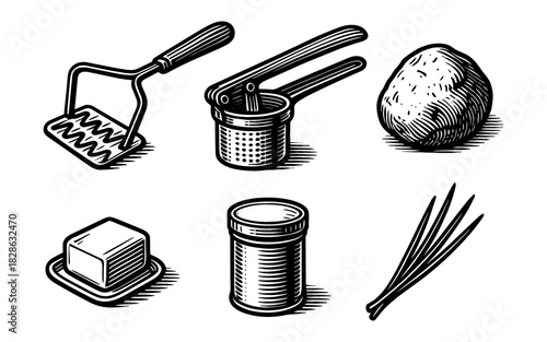 Vintage kitchen tools with potato, butter, and herbs in bold black and white art