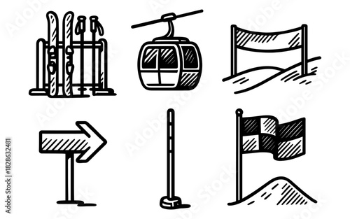Hand drawn ski resort elements: cable car, skis, flags, and icons