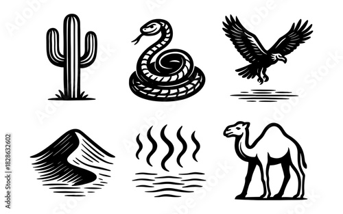 Desert icons: monochrome wild west symbols with cactus, snake, eagle, mountain, camel