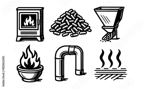 Hand drawn stove and heating elements icon set