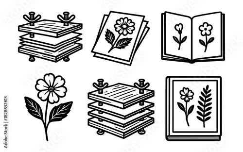 Herbarium collection: botanical press and flower preservation set in black and white