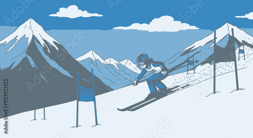 Stylized alpine skiing illustration against majestic mountain range backdrop