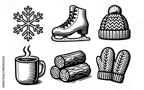 Winter icons set: skates, snowflake, hat, mug, wood, mittens in retro style