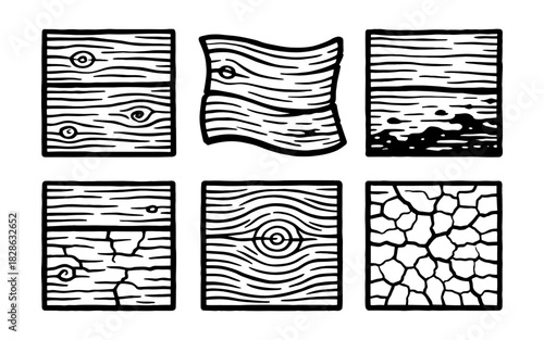 Set of six linear wood texture patterns featuring natural grains and cracks