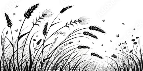 Black and white illustration of wheat field with butterflies and other plants art