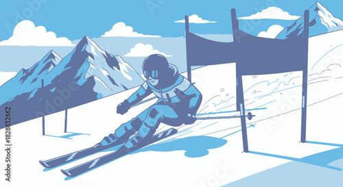 Alpine Skier Slalom Course Vector Illustration in shades of blue