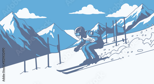 Downhill Skier Illustration in Blue Alpine Scene with Mountains and Snow