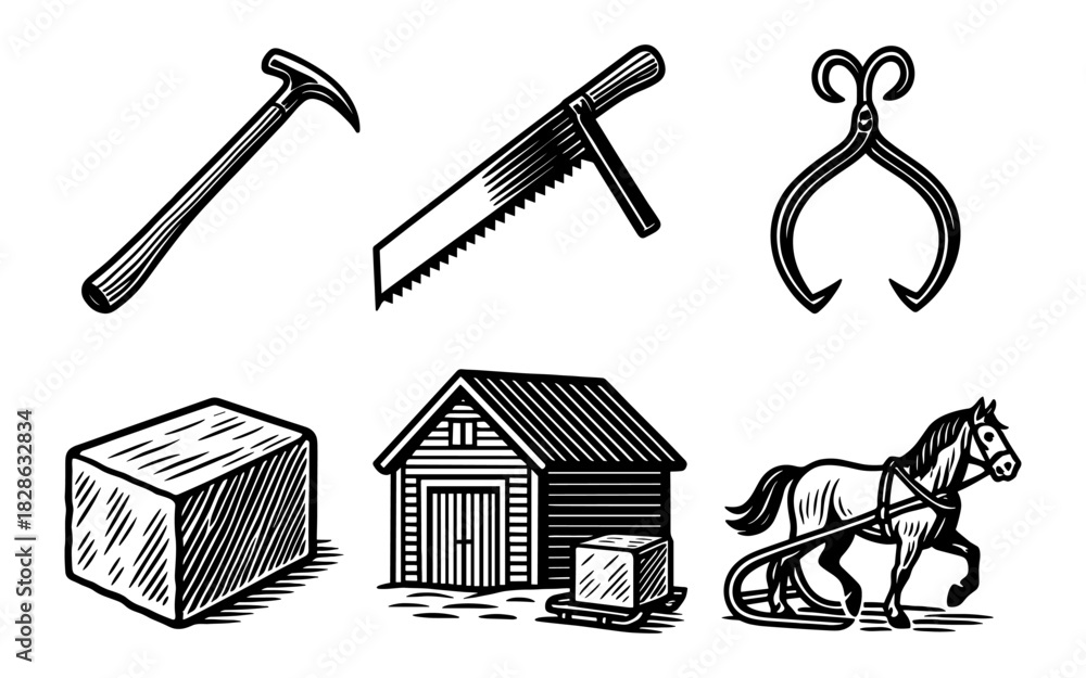 Fototapeta premium Vintage logging tools and scenes: axe, saw, log cabin, and horse-drawn sled