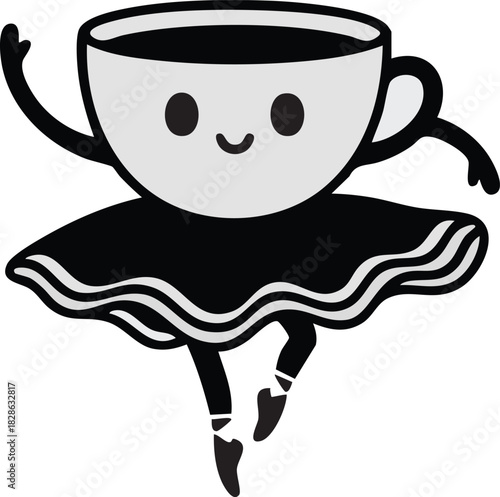 Black and white hot coffee, tea, and milky beverage cups and mugs with saucers, isolated objects for cafe breakfast illustration