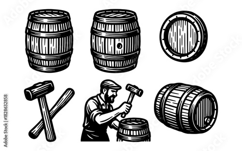 Vintage barrel crafting and cooper tools in retro black and white style