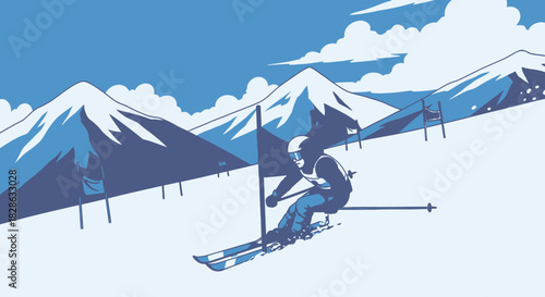 Downhill Ski Racer in Slalom Course with Snowy Mountains and Clouds