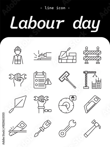 Labour Day thin line icon set. Workers, tools, industry, teamwork, labor rights, and occupation outline icon collection.
