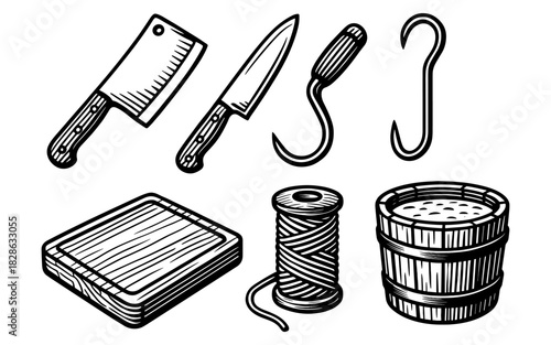 Vintage butcher tools collection: cleaver, knife, hooks, cutting board, barrel, string in hand drawn style