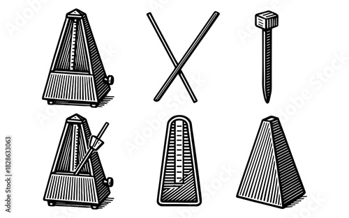 Vintage metronome drawings and percussion tools in retro style