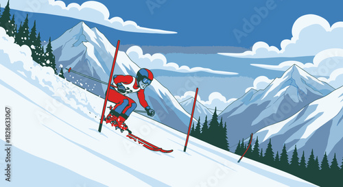 Alpine skier racing down slope with snowy mountain backdrop