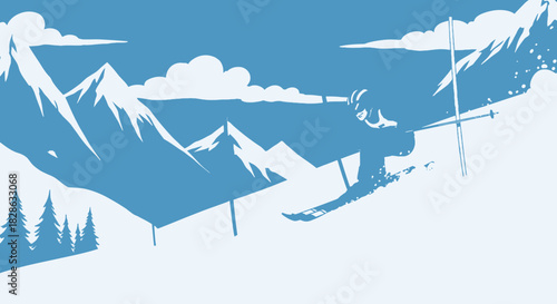 Stylized Skiing Illustration in Light Blue Tones of a Mountain Landscape