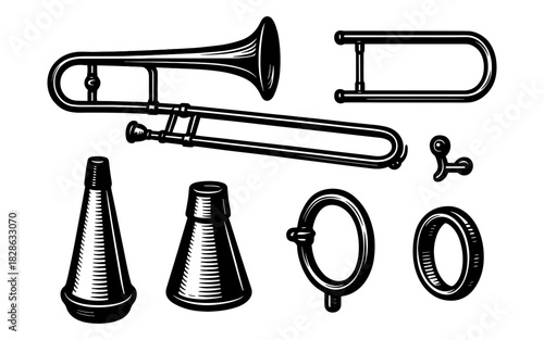 Vintage trombone set with accessories: classic hand drawn instrument art