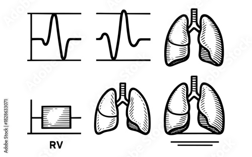 Medical diagrams of lung anatomy and heartbeat monitor in linear style