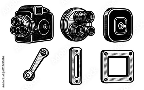 Vintage camera and film equipment retro engraving style