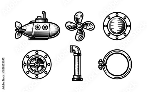 Nautical elements in vintage engraving style: submarine, propeller, porthole, and pipe set