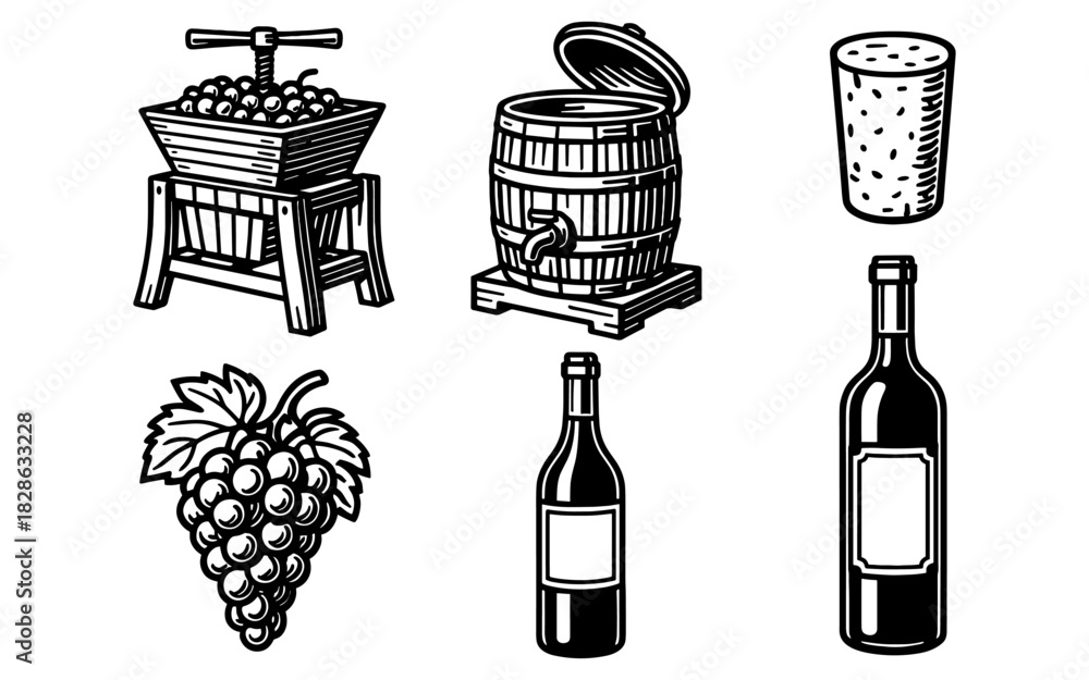 Naklejka premium Rustic wine making elements with barrel, bottles, grapes, and press illustration